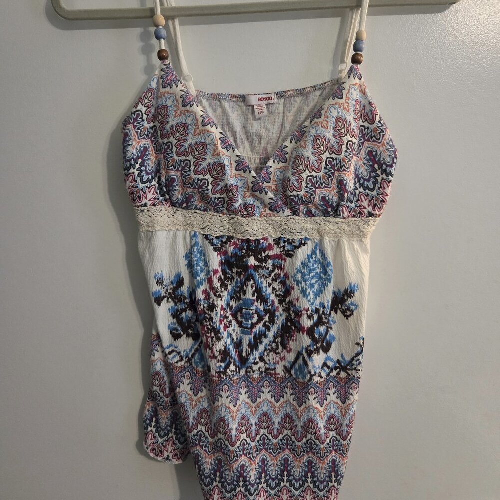 Bongo Tank Top-Cream, Blue and Purple with Beaded Strap Detail